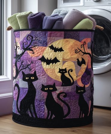 Spellbound Black Cat Quilted Laundry Hamper — Collapsible Decorative Laundry Basket, Cat-Themed Storage & Gift For Home