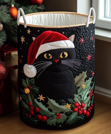 Black Cat Spirit Quilted Fabric Hamper – Stylish Collapsible Laundry Basket, Padded Walls, Reinforced Handles For Easy Carry