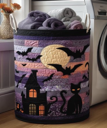 Black Cat Twilight Quilted Laundry Hamper — Spooky Elegant Halloween Fabric Laundry Basket, Large Washable Storage With Handles