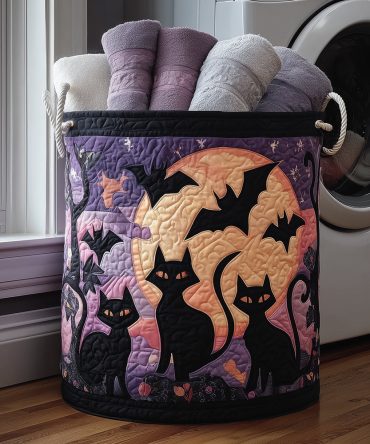 Black Cat Whimsy Quilted Laundry Hamper — Stylish Dark-Themed Collapsible Basket With Reinforced Handles For Chic Bedroom Storage