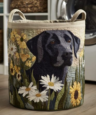 Black Lab Blooms Quilted Laundry Hamper — Dog-Themed Floral Fabric Basket, Spacious Foldable Hamper With Reinforced Handles & Easy Care