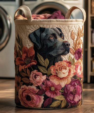 Black Labrador Floral Quilted Laundry Hamper — Floral Dog-Print Fabric Basket, Foldable Storage Bin With Washable Liner & Handles
