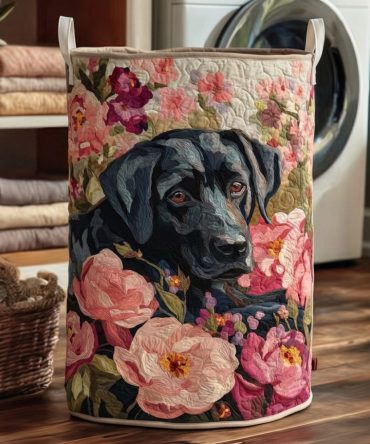 Elegant Rose Garden Quilted Laundry Hamper With Black Labrador Design — Floral Dog-Themed Fabric Basket, Foldable & Gift-Ready