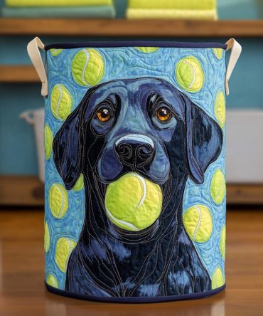 Black Labrador Tennis Ball Quilted Laundry Hamper — Sporty Dog-Print Foldable Fabric Basket With Handles & Removable Liner