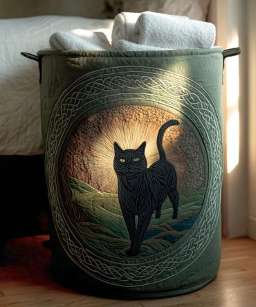 Blackthorn Cat Quilted Laundry Hamper — Chic Cat Pattern Fabric Laundry Basket With Padded Structure, Carry Handles & Space-Saving Fold