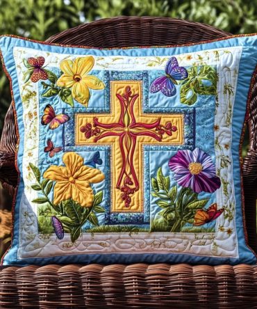 Blessed Cross Quilted Throw Pillow Cover — Classic Religious Accent For Living Room & Bedroom, Soft Quilting, Easy Care, Gift Perfect