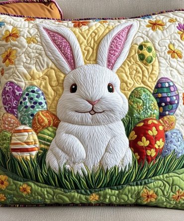 Hand-Quilted Bloom Bunny Pillow Cover — Spring Bunny Throw Accent For Nursery, Cotton-Blend Quilted Case With Hidden Zipper, Machine Washable