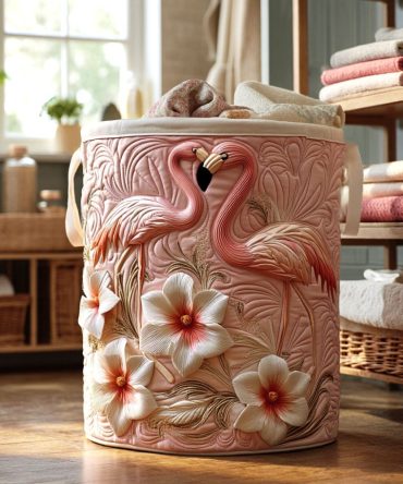 Bloom Flamingo Tropical Quilted Laundry Hamper – Vibrant Flamingo Print Foldable Storage Basket For Beach House, Bedroom & Kids