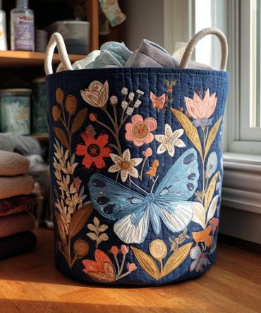 Bloom Flight Quilted Laundry Hamper — Floral & Butterfly Print Collapsible Fabric Basket With Handles, Decorative Bedroom Storage