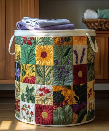 Elegant Bloom Grace Quilted Laundry Hamper - Floral Decorative Basket With Handles , Lightweight, Spacious & Machine-Washable