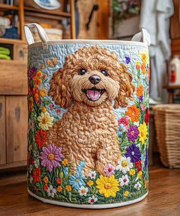 Delightful Bloom Joy Pup Quilted Laundry Hamper — Cute Puppy Floral Fabric Basket, Collapsible With Sturdy Handles, Lightweight & Washable