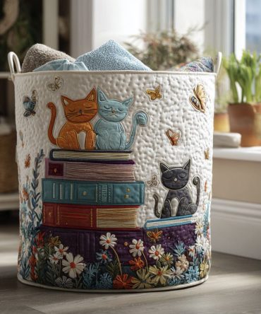 Bloom Tail Quilted Laundry Hamper — Botanical Cat-Tail Print Collapsible Basket For Chic, Compact Home Storage