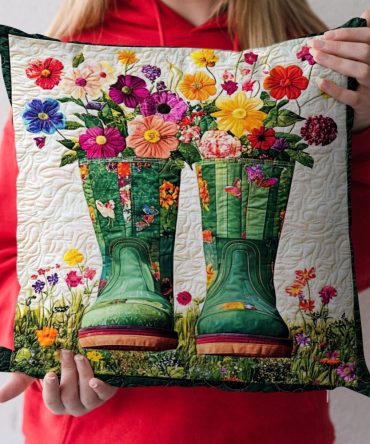 Blooming Boots Quilted Throw Pillow Cover — Charming Floral & Boot Design, Soft Quilted Texture, Decorative Accent For Porch Or Living Room