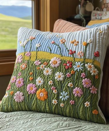 Blooming Field Quilted Pillow Cover — Floral Meadow Throw Pillowcase, Bright Cottage Accent For Sofas, Beds & Cozy Lounges