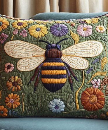 Blooming Bee Quilted Pillow Cover — Vibrant Bee & Blossom Throw Pillowcase For Cheerful Living Room Or Patio Styling