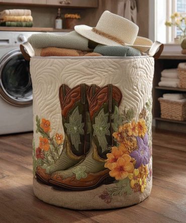 Blooming Boots Quilted Cotton Laundry Hamper — Floral Boot Design Foldable Storage Basket With Handles For Charming Home Organization