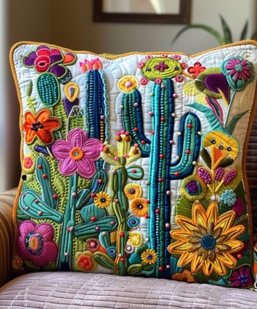 Blooming Cacti Quilted Decorative Pillow Cover — Lively Succulent Throw Pillowcase For Living Room, Patio & Eclectic Interiors