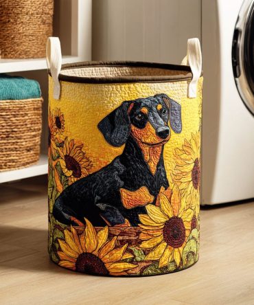 Blooming Dachshund Quilted Laundry Hamper — Floral Dog Print Storage Basket, Lightweight Collapsible Laundry Organizer With Handles