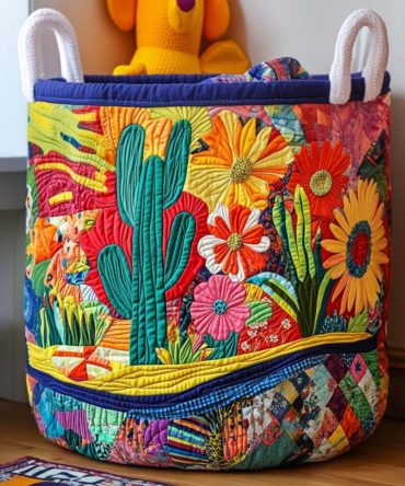Blooming Desert Quilted Laundry Hamper - Large Floral-Accented Foldable Fabric Basket With Handles & Zip Top For Tidy Storage
