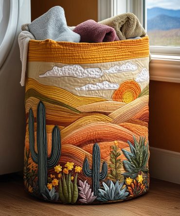 Blooming Dunes Quilted Laundry Hamper — Floral Sand Quilted Fabric Laundry Basket, Large Collapsible Hamper With Handles