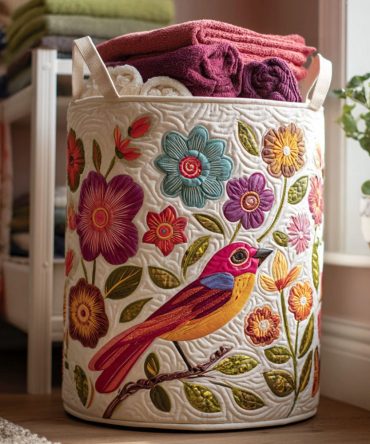 Blooming Feather Quilted Laundry Hamper — Elegant Feather & Floral Foldable Basket, Soft Fabric Laundry Storage With Carry Handles