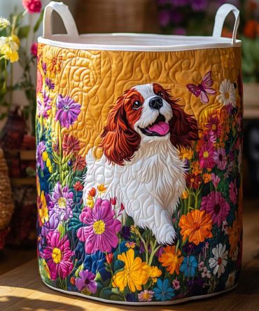 Blooming Garden Pup Quilted Laundry Hamper — Floral Puppy Design Fabric Basket, Collapsible & Stylish Storage For Nursery