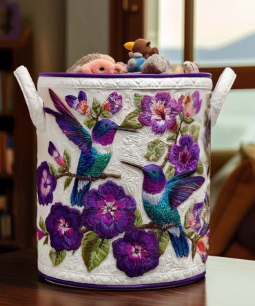 Blooming Hummingbird Quilted Laundry Hamper - Stylish Foldable Organizer With Sturdy Handles, Padded Exterior And Machine-Washable Liner