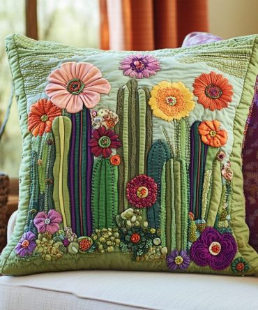 Blooming Prickles Quilted Throw Pillow Cover — Floral Cactus Accent Pillowcase For Trendy Boho, Desert & Eclectic Interiors