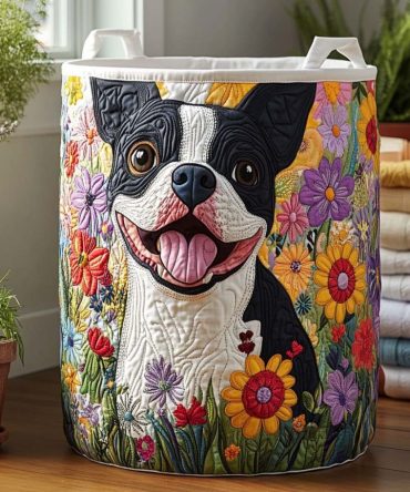 Blooming Pup Quilted Laundry Hamper — Adorable Dog Floral Storage Basket With Reinforced Handles, Collapsible & Kid-Friendly Design
