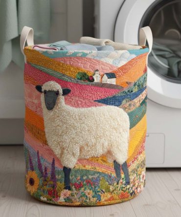 Blooming Sheep Quilted Laundry Hamper — Floral Sheep Print Foldable Storage Bin With Handles, Stylish Nursery & Home Organizer