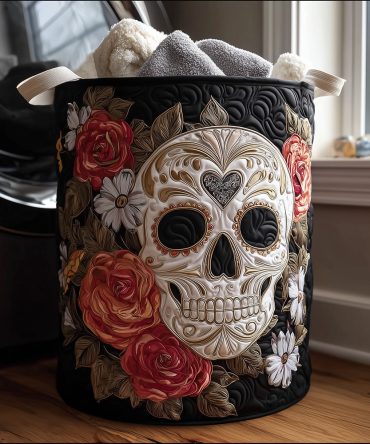 Blooming Skull Floral Quilted Laundry Hamper - Unique Day Of The Dead Skull Print Fabric Basket, Collapsible, Washable & Stylish Storage