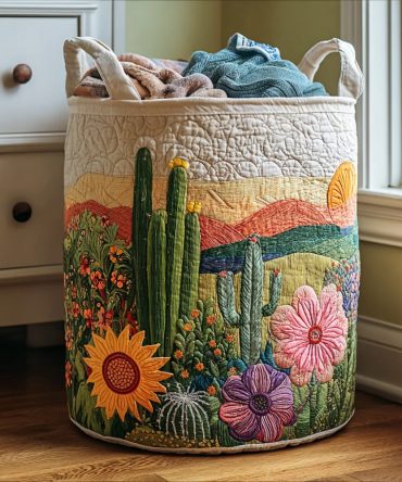 Blooming Spines Quilted Laundry Hamper — Decorative Quilted Cotton Laundry Basket With Easy-Carry Handles & Compact Fold For Stylish Home Storage