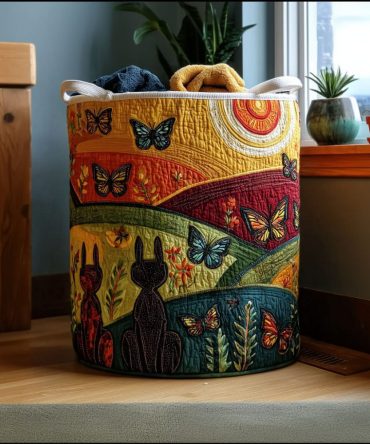 Floral Quilted Linen Hamper - Blooming Wings Pattern , Foldable Washable Laundry Basket, Decorative Storage Solution For Home