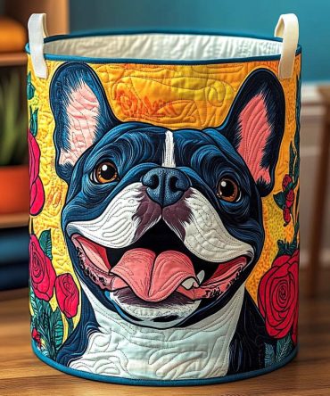 Bloomy Frenchie Smile Quilted Laundry Hamper - Cute French Bulldog Fabric Basket, Foldable Storage For Clothes & Gifts