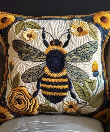 Blossom Buzz Quilted Accent Pillow Cover – Cheerful Floral & Bee Decorative Pillowcase, Soft Cotton-Blend, Reversible, Easy Care