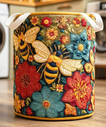 Blossom Bees Quilted Laundry Hamper — Playful Bee Print Fabric Laundry Basket With Padded Sides, Easy-Carry Handles & Foldable Design
