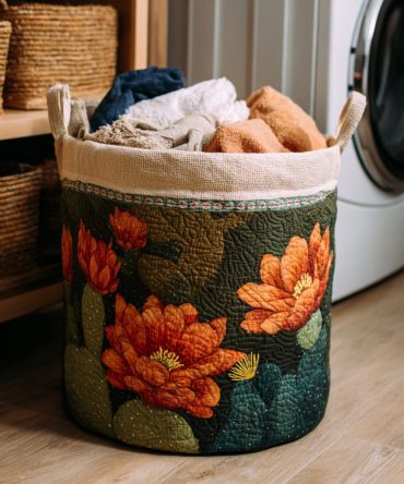 Blossom Cactus Quilted Laundry Hamper — Trendy Botanical Fabric Storage Basket, Collapsible Organizer With Carry Handles