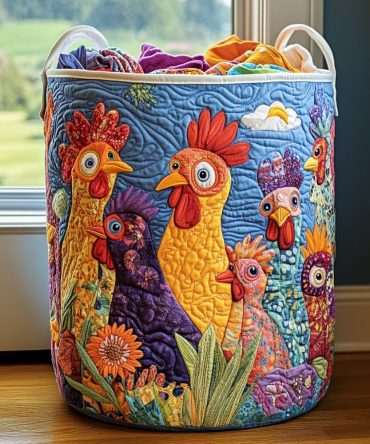 Large Quilted Laundry Hamper With Blossom Chicken Print — Foldable Cotton Storage Basket For Nursery & Bedroom, Durable Handles, Washable Liner