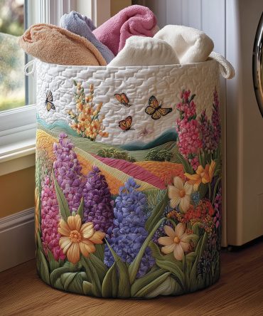 Blossom Field Quilted Laundry Hamper — Floral Foldable Fabric Basket For Bedroom, Bathroom & Dorm With Reinforced Handles