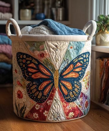 Blossom Flight Quilted Laundry Hamper — Elegant Floral & Butterfly Fabric Basket With Collapsible Frame, Comfortable Handles & Machine-Friendly Care