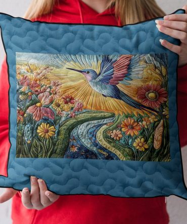 Blossom Flight Quilted Pillow Cover — Floral & Bird Decorative Throw Pillow Case For Bright, Airy Living Room & Bedroom Styling