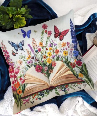 Blossom Of Knowledge Quilted Pillow Cover — Floral & Book Motif Decorative Throw Cushion Case For Cozy Study Corners & Bedrooms