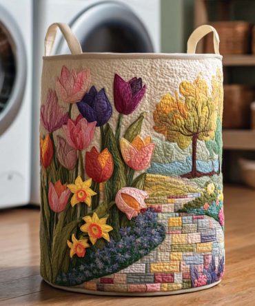 Elegant Quilted Laundry Hamper - Blossom Path Floral Design , Collapsible Fabric Laundry Basket With Sturdy Handles For Closet & Nursery