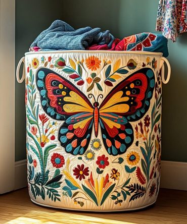 Blossom Wings Quilted Laundry Basket - Stylish Quilted Fabric Hamper With Butterfly & Floral Motifs, Foldable Large-Capacity Laundry Organizer