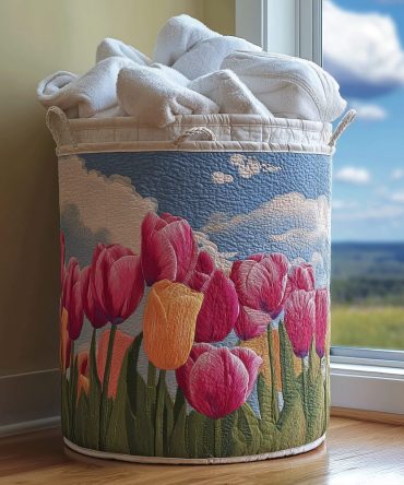 Blossoming Tulip Quilted Fabric Laundry Hamper – Large Floral Collapsible Laundry Basket With Handles, Decorative Cotton-Blend Storage