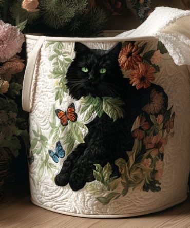 Blossoming Whiskers Quilted Laundry Hamper - Floral Cat Motif, Collapsible Fabric Basket For Bathroom, Bedroom & Nursery