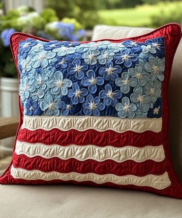 Freedom Blossoms Quilted Decorative Pillow Cover — Floral Americana Throw Sham For Cozy Living Rooms & Patios