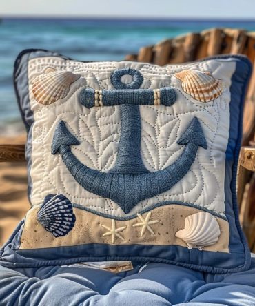 Nautical Blue Anchor Quilted Throw Pillow Cover — Coastal Home Accent, Durable Quilted Fabric For Sofa Or Bed