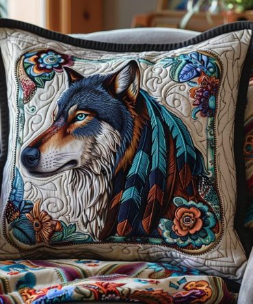 Blue-Eyed Wolf Quilted Pillow Cover - Premium Animal-Themed Decorative Pillowcase For Rustic & Modern Home Décor