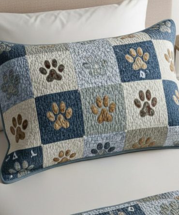 Blue Meadow Paws Quilted Pillowcase — Cute Paw Print In Soft Blues, Durable Cotton Blend, Kids & Pet-Friendly Bedding Accent, Easy Care